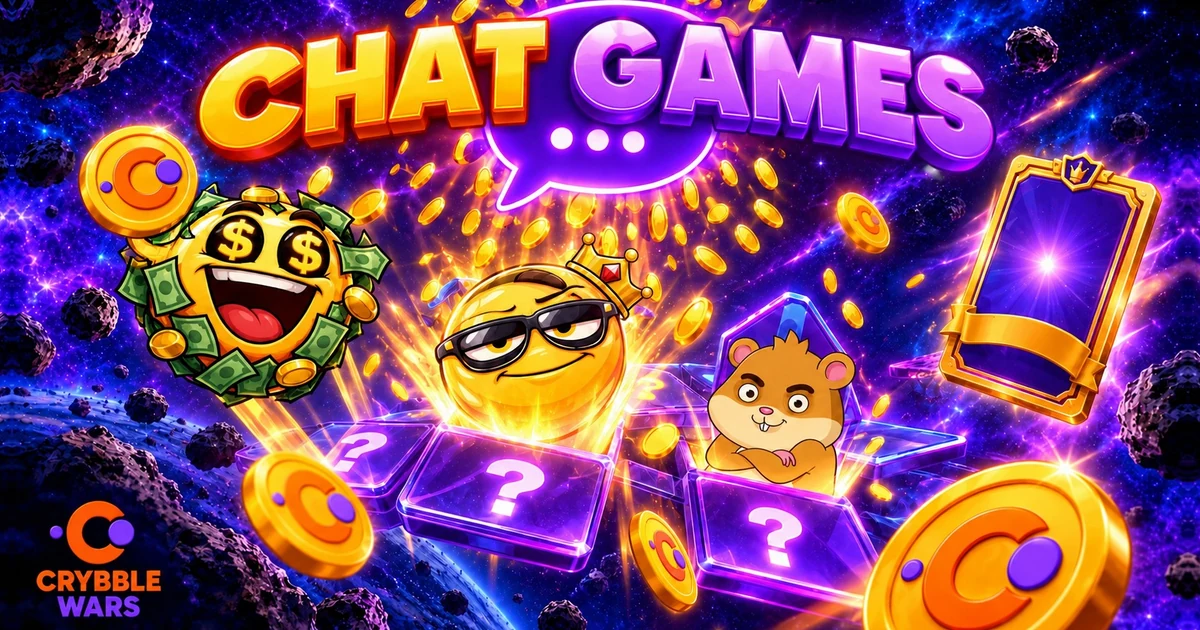 Título CHAT GAMES, una burbuja de dinero, una burbuja con gafas de sol y corona, un hámster entre casillas con interrogantes, una carta y monedas CBW — Crybble Wars